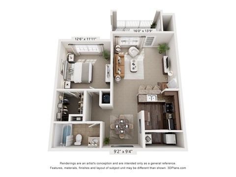 Floor plan for 1 bed, 1 bath, 796 sqft